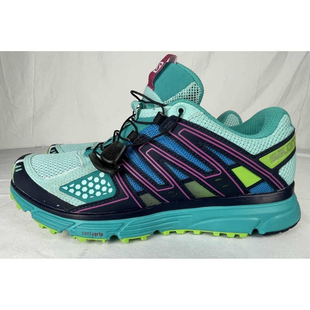 SALOMAN WOMENS TRAIL RUNNING SHOES SIZE 9 TEAL BLUE CONTAGRIP QUICKLACE HIKING